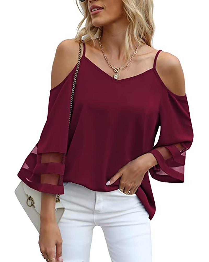 

Sheer Mesh Patch Bell Sleeve Cold Shoulder Top, Wine red