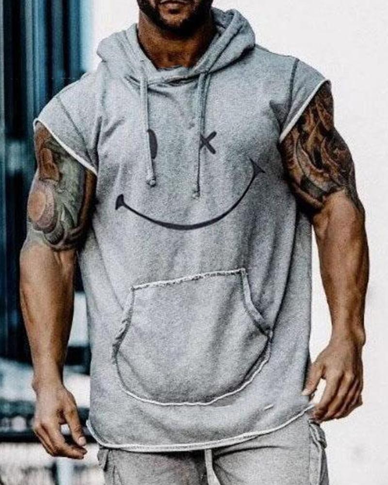 

Smile Face Print Short Sleeve Loose Hooded Sweatshirts, Gray