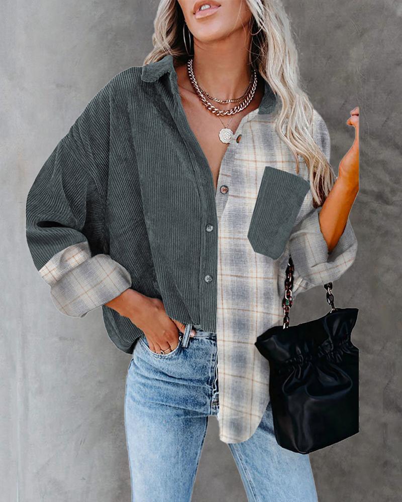 

Contrast Plaid Long Sleeve Button Front Shacket, Gray