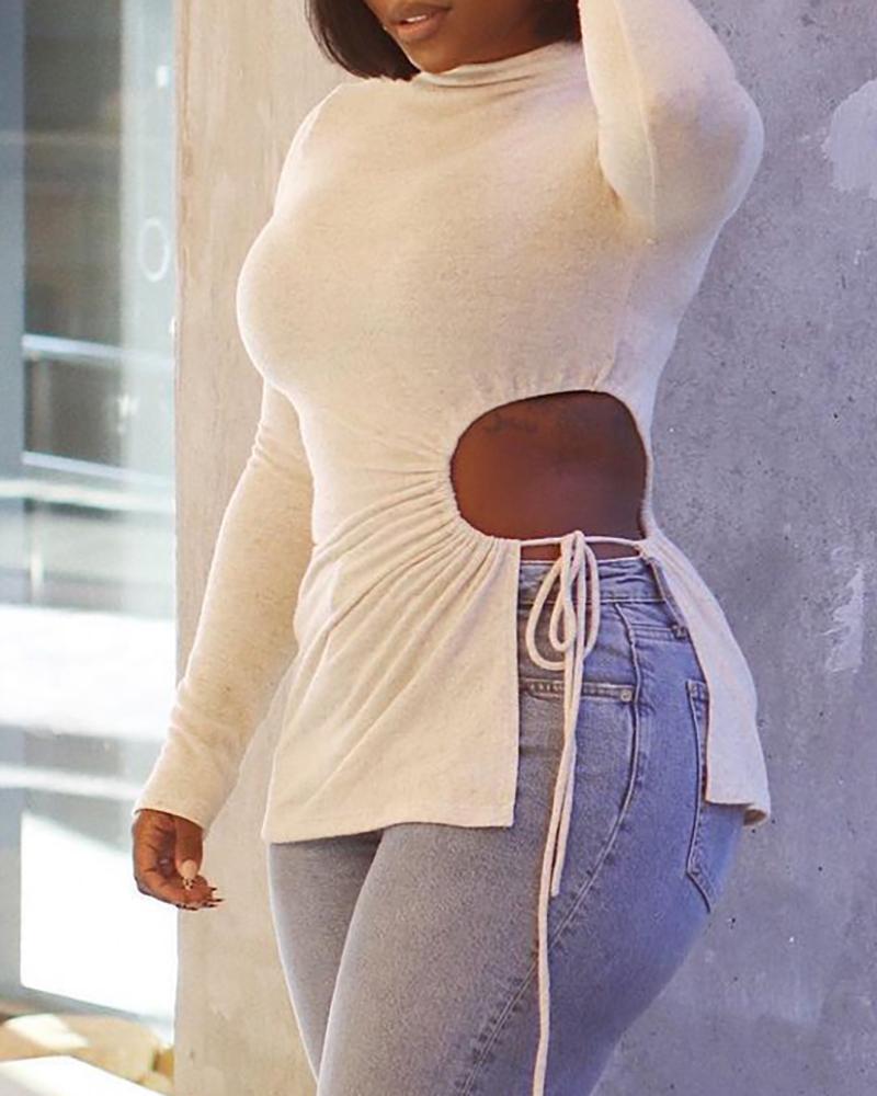 

Plain Cutout Drawstring Long Sleeve Sweater, White