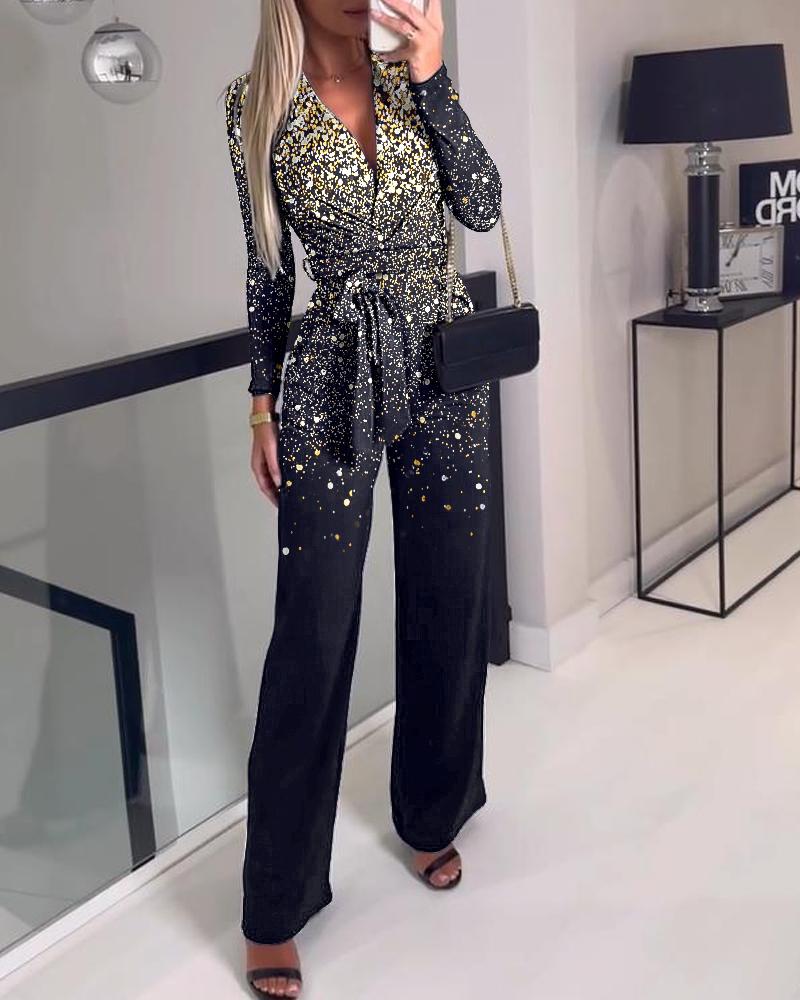 

Print Long Sleeve V-Neck Belted Jumpsuit, Black
