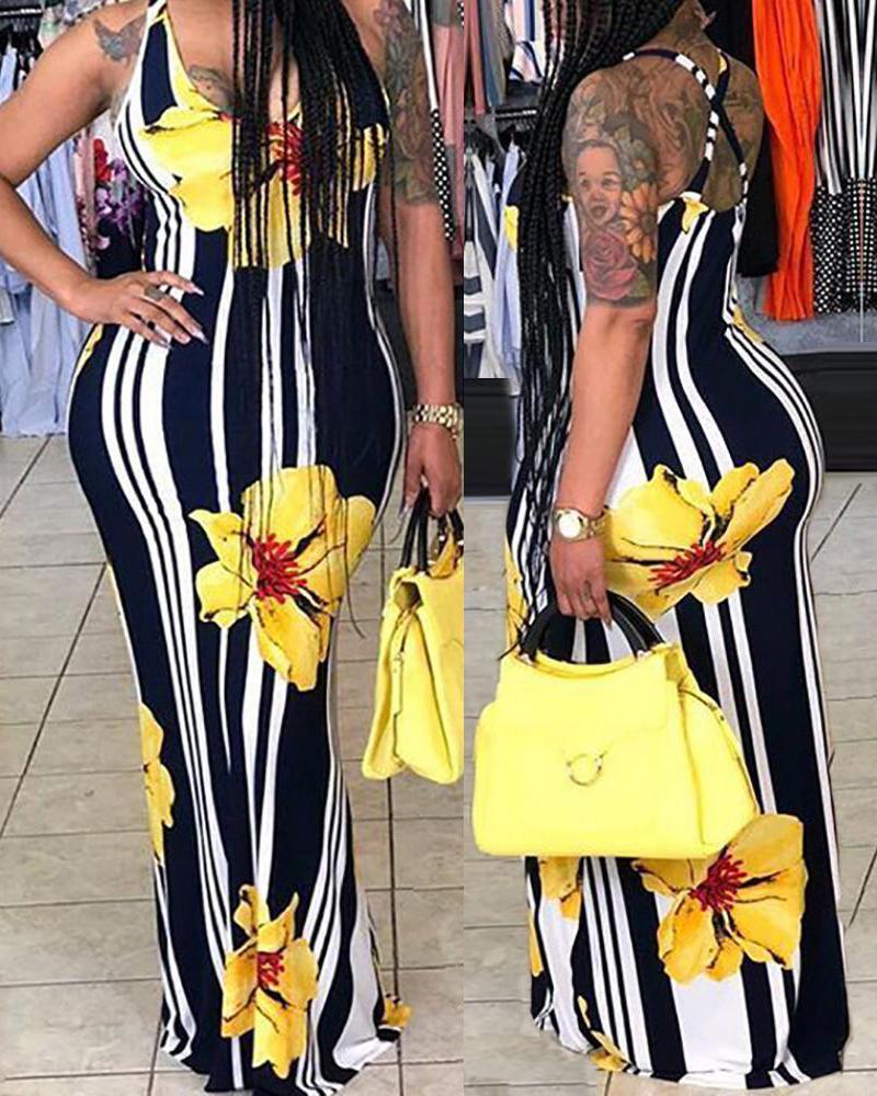 

Sexy Floral Print Striped Bodycon Maxi Dress, Yellow