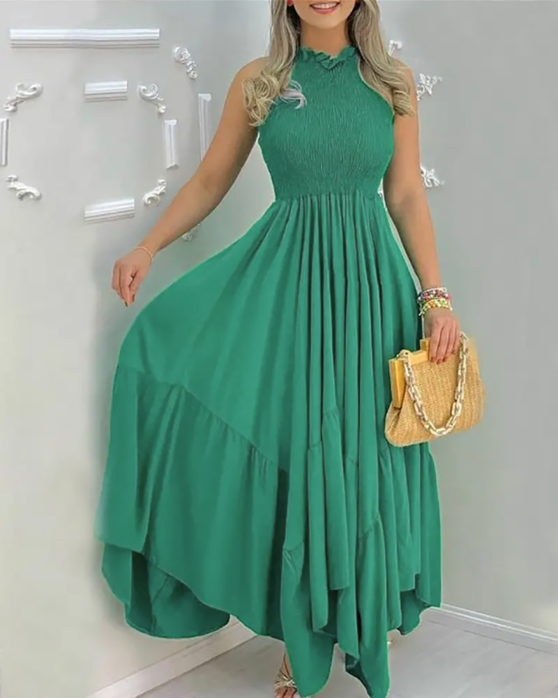 

Shirred Frill Hem Sleeveless Ruched Maxi Dress, Green