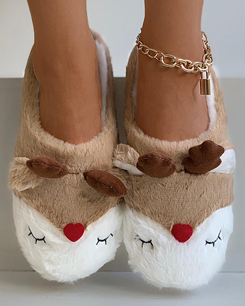 

Moose Pattern Fluffy Slippers, Khaki