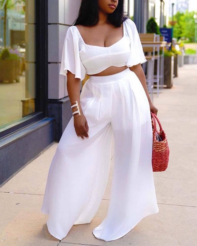 

Solid Short Sleeve Loose T-shirts With Wide Leg Pant Suit Sets, White