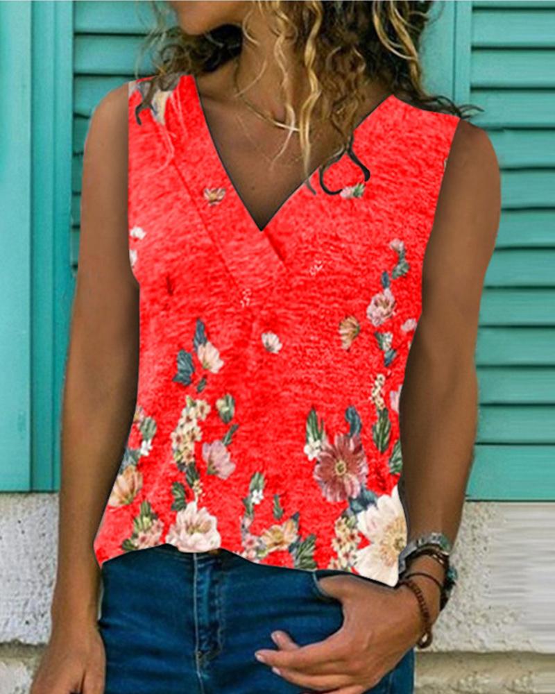 

Floral Print Sleeveless Tank, Red