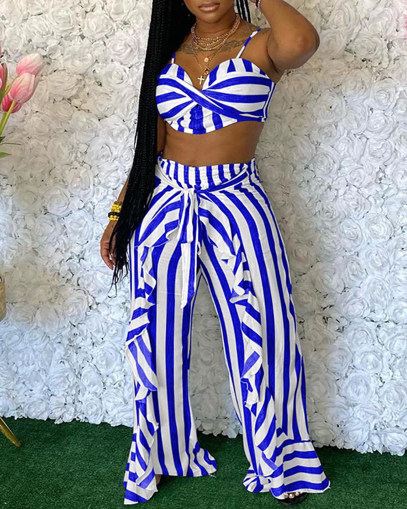 

Striped Crop Top & Ruffle Hem Pants Set, Blue