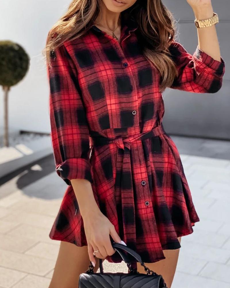 

Plaid Colorblock Long Sleeve Shirt Dress, Red