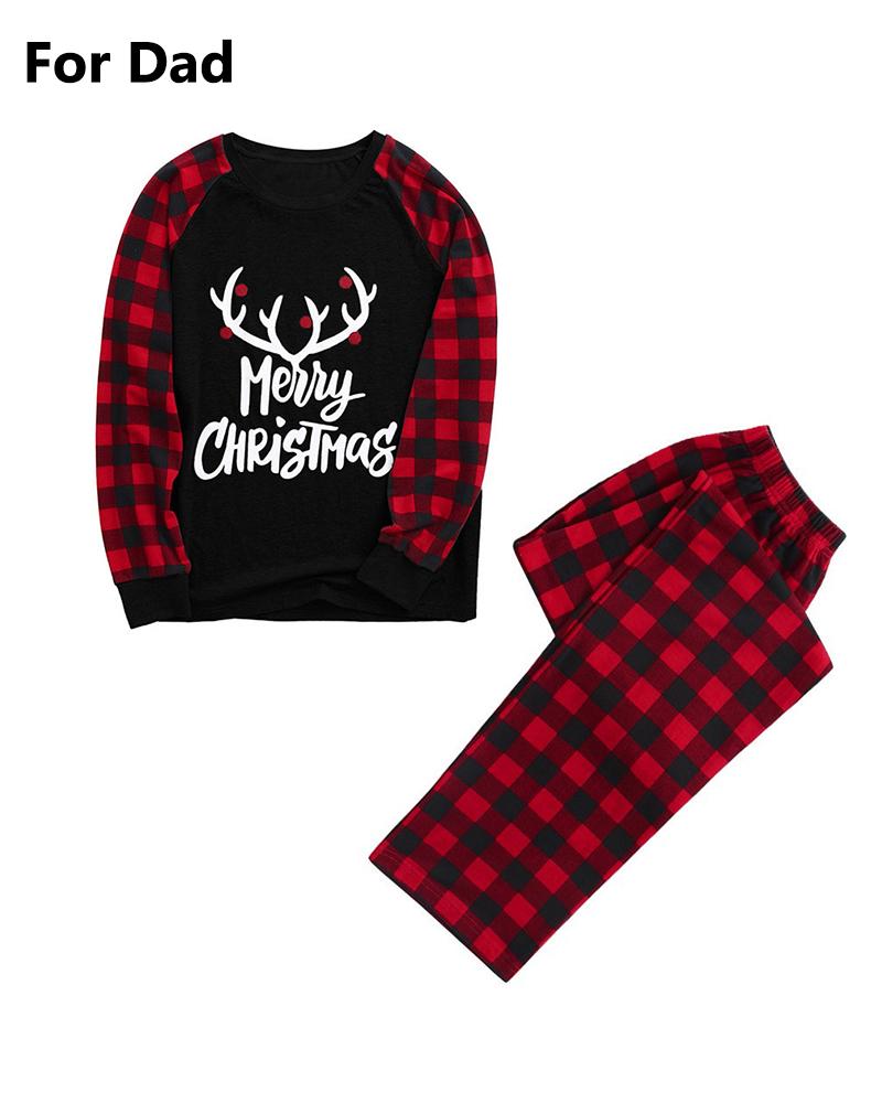 

Christmas Letter Print Plaid Top & Pants Set For Dad, Black