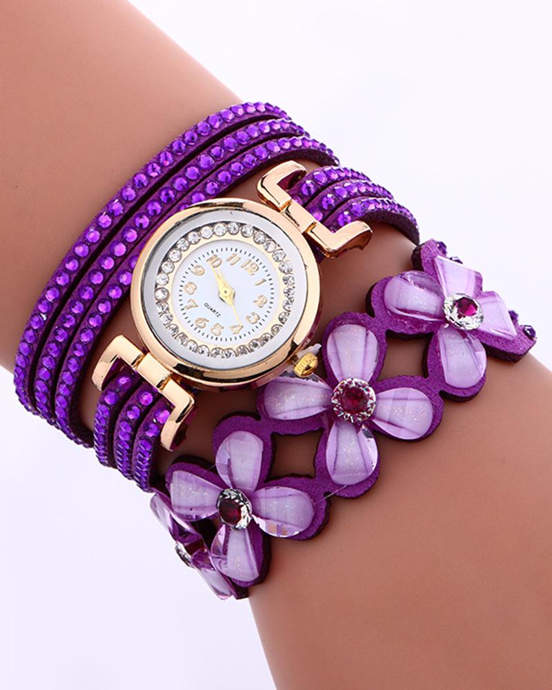 1pc Rhinestone Floral Pattern Stackable Bangle Quartz Watch