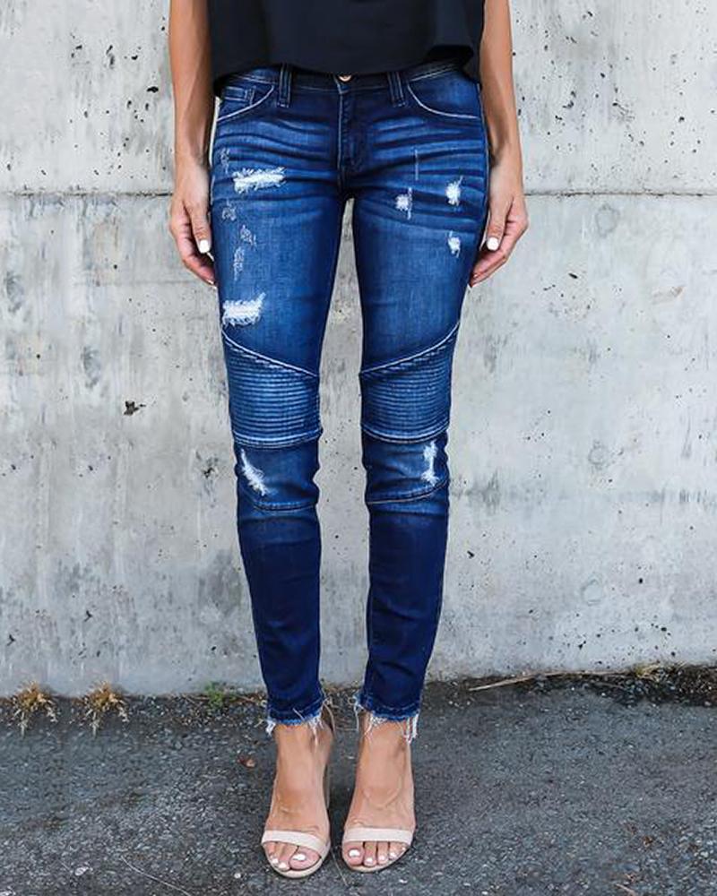 

Ripped Raw Hem High Waist Jeans, Dark blue