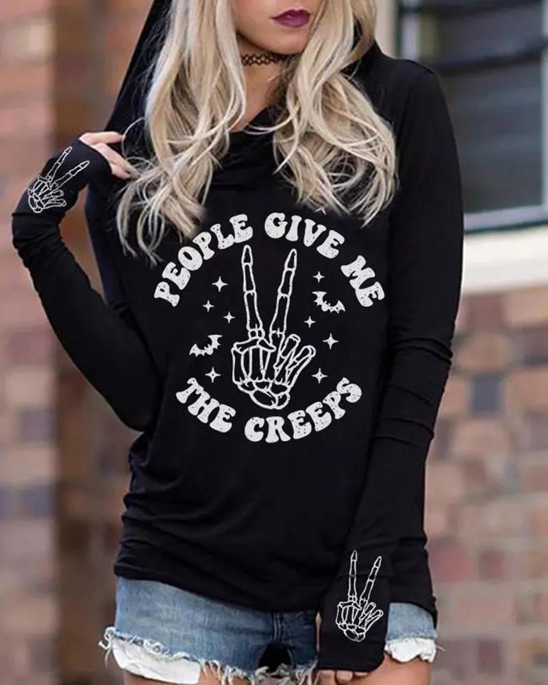 

Halloween Graphic Print Long Sleeve Hooded Sweatshirt, Black