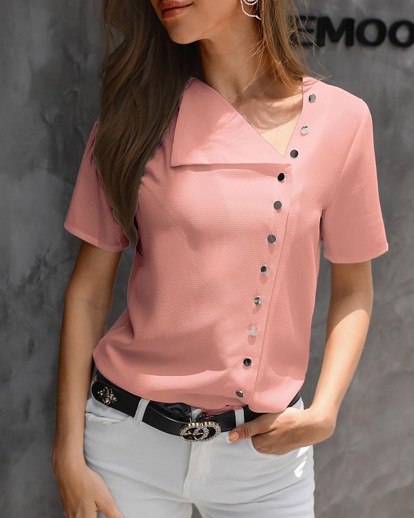 

Short Sleeve Buttoned Casual Blouse, Pink