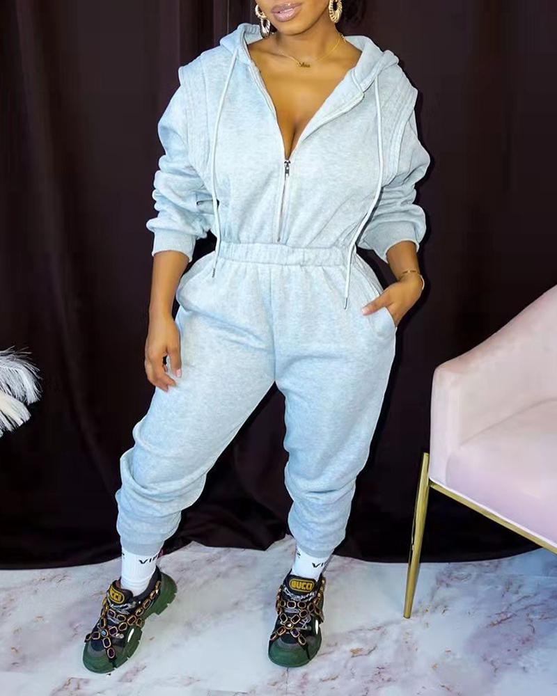 

Zipper Pocket Design Hooded Jumpsuit, Gray