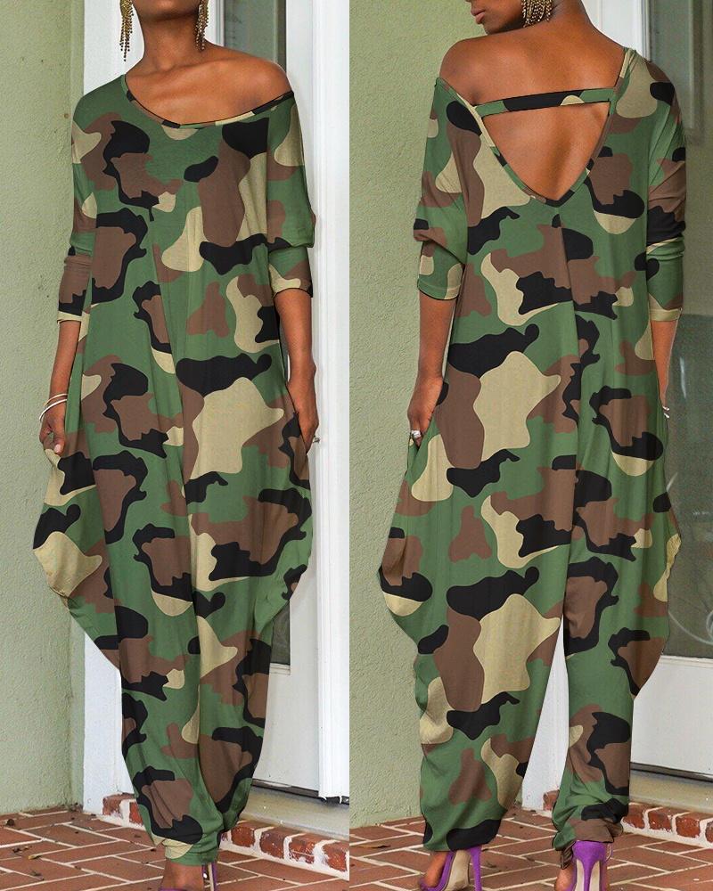 

Camouflage Print Long Sleeve Harem Jumpsuit, Camoflage