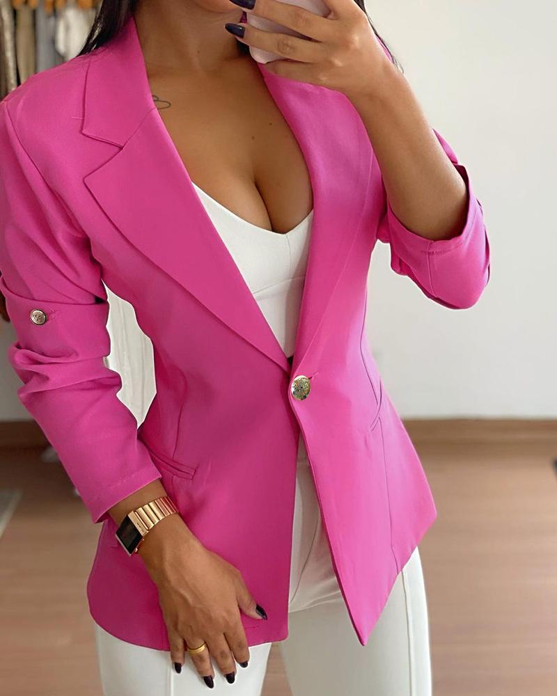 

Long Sleeve Single Button Design Blazer Coat, Hot pink