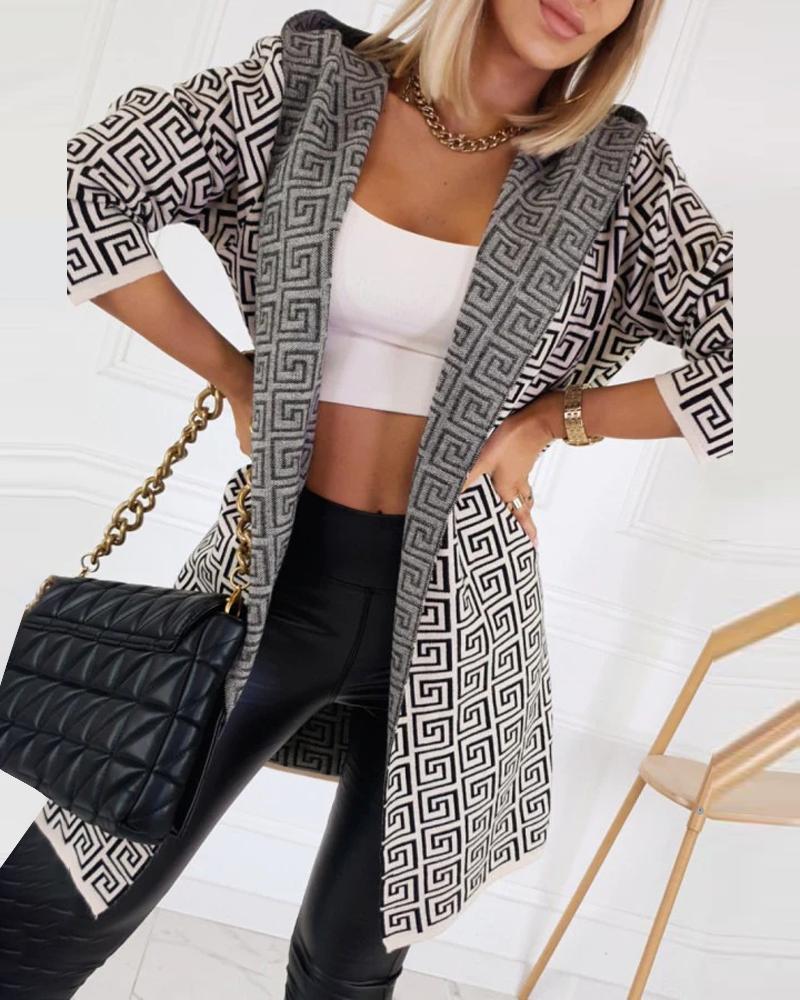 

Geometric Print Long Sleeve Hooded Knit Cardigan, Gray