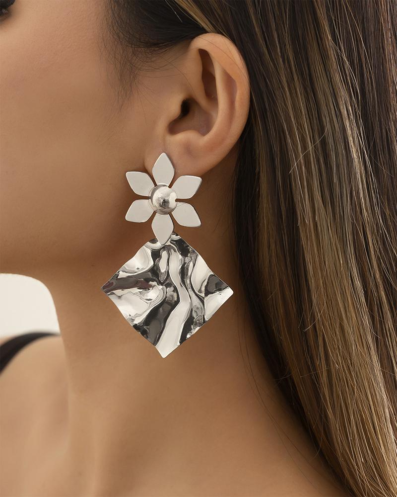 

1Pair Floral & Geo Shaped Drop Earrings, Silver