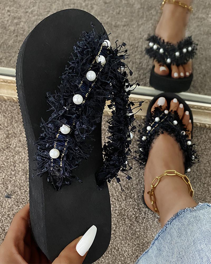 

Crystal Patch Platform Post Toe Sandals, Black