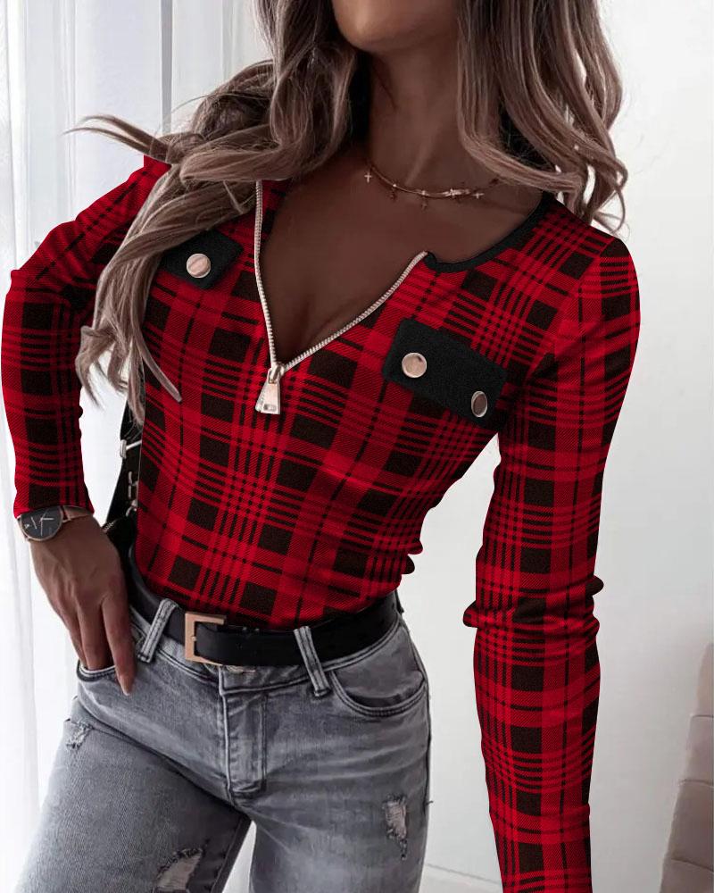 

Plaid Print Zipper Front Long Sleeve Top, Red