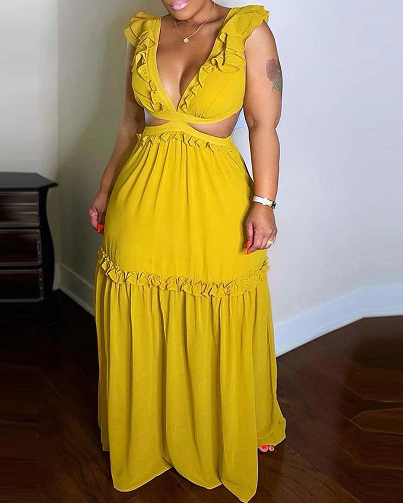 

Flutter Sleeve Backless Ruched Chiffon Lace-up Dress, Yellow