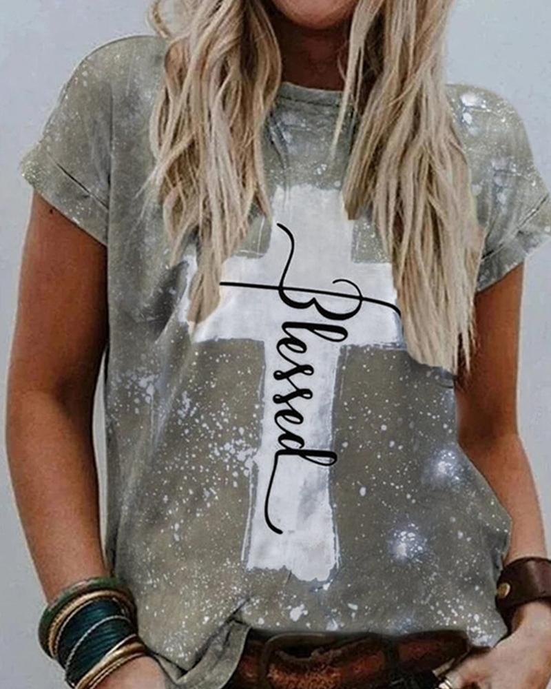 

Cross Patterns & Letter Print Short Sleeve Loose T-shirts, Gray