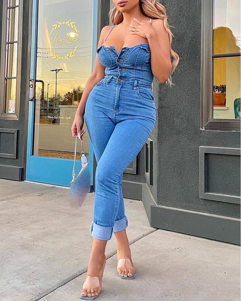 

Buttoned Pocket Design Skinny Denim Jumpsuit, Blue