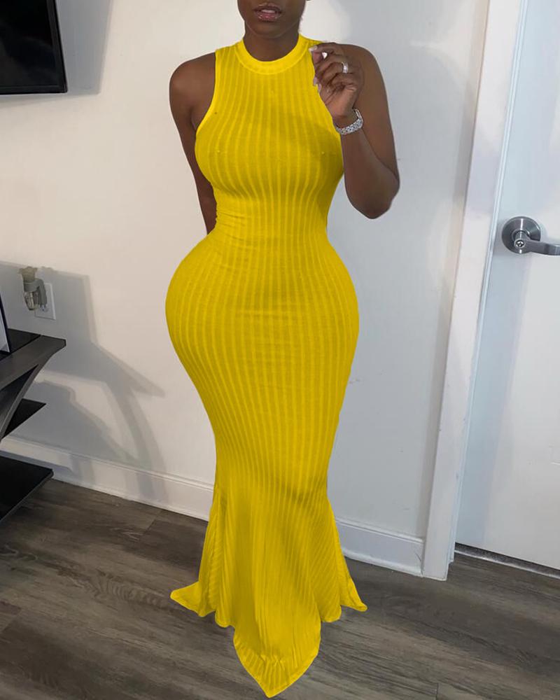 

Solid Ribbed Sleeveless Mermaid Dress, Yellow