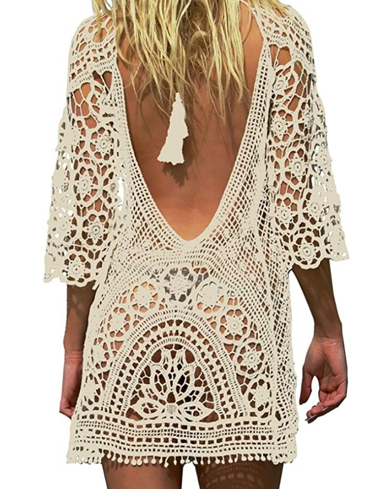 

Crochet Lace Backless Tassel Design Cover Up, White