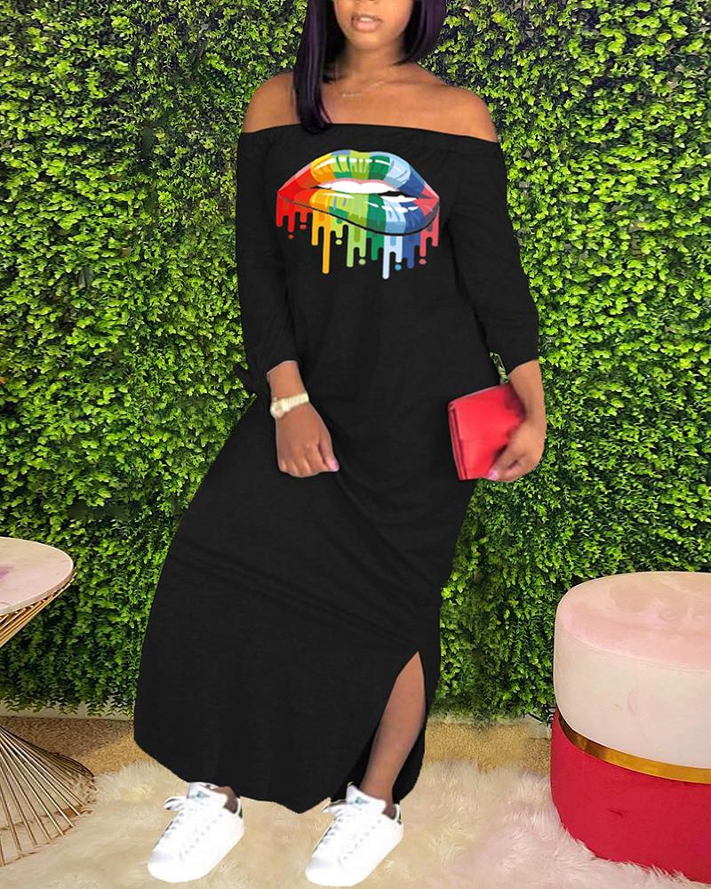 

Off Shoulder Lip Print Straight Slit Dress, Black