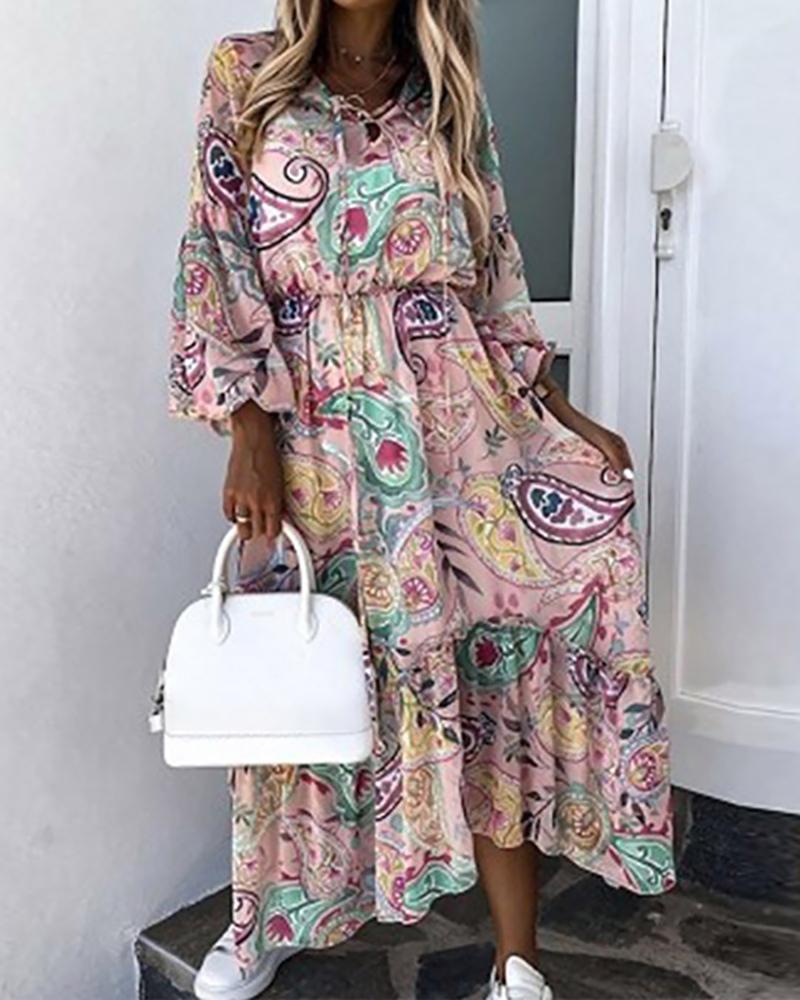 

Paisley Print Lantern Sleeve Ruched Maxi Dress, Style2