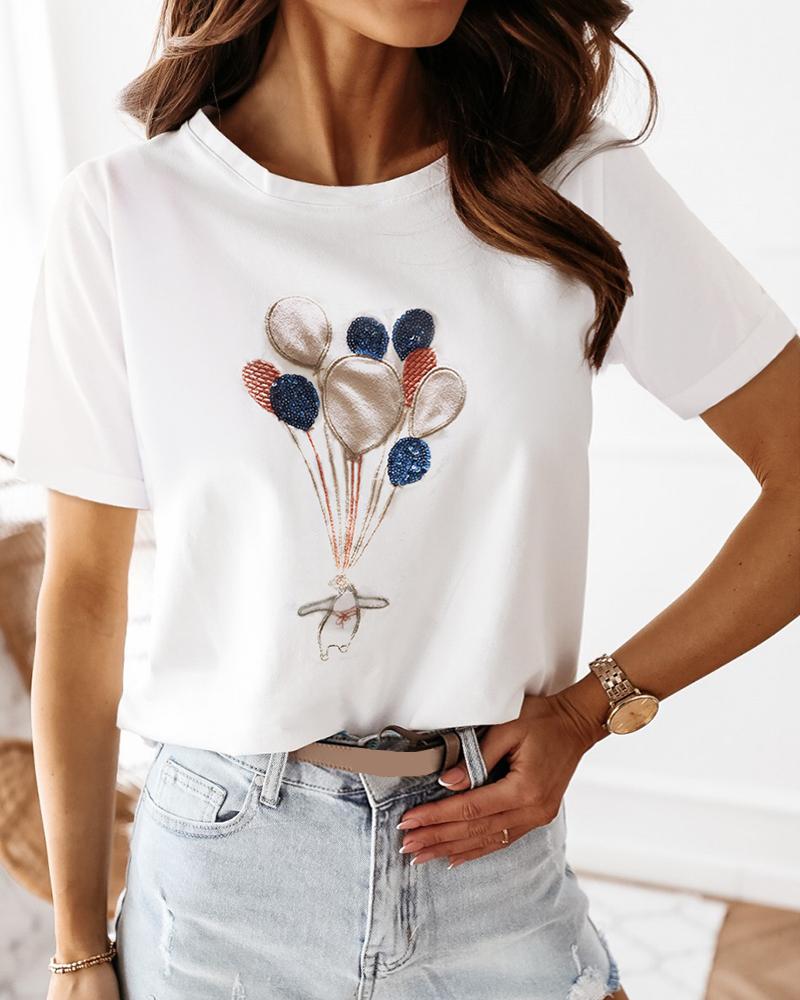 

Sequins Embroidery Balloon Pattern Casual T-shirt, White