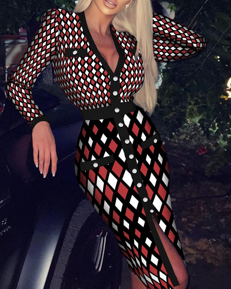 

Geometry Print Colorblock Buttoned Work Dress, Black