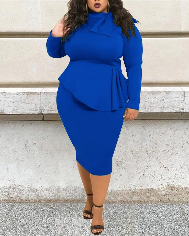 

Plus Size Bowknot Decor Patchwork Long Sleeve Midi Dress, Blue