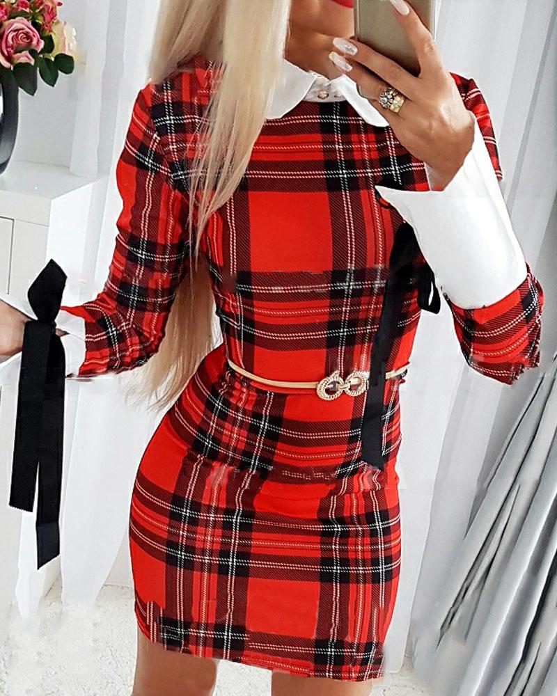 

Plaid Print Long Sleeve Tied Detail Bodycon Dress, Red