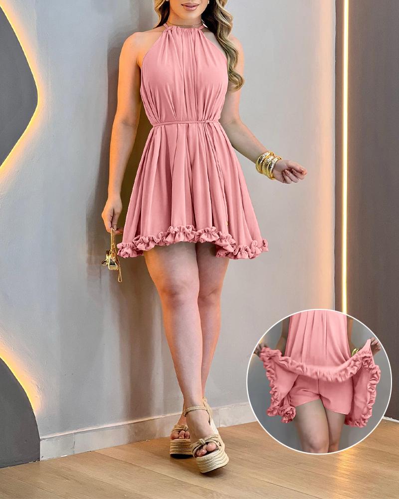 

Vestido de festa sem mangas com amarração no pescoço, detalhes em babados e recorte nas costas. Saia-calça casual de férias com amarração na cintura e franzido., Pink