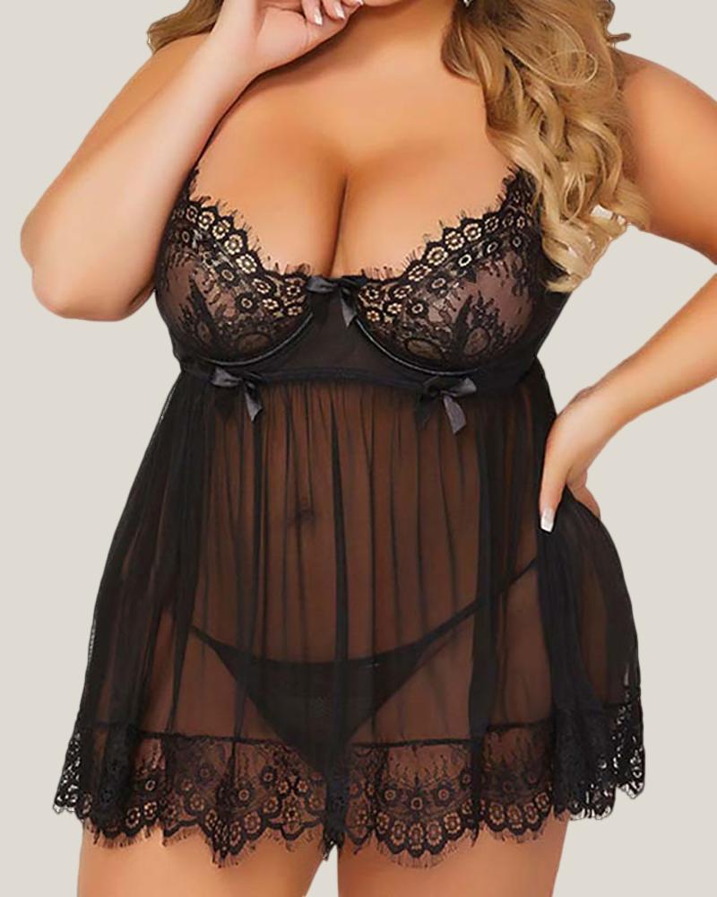 

Plus Size Eyelash Lace Sheer Mesh Babydoll With Panty, Black