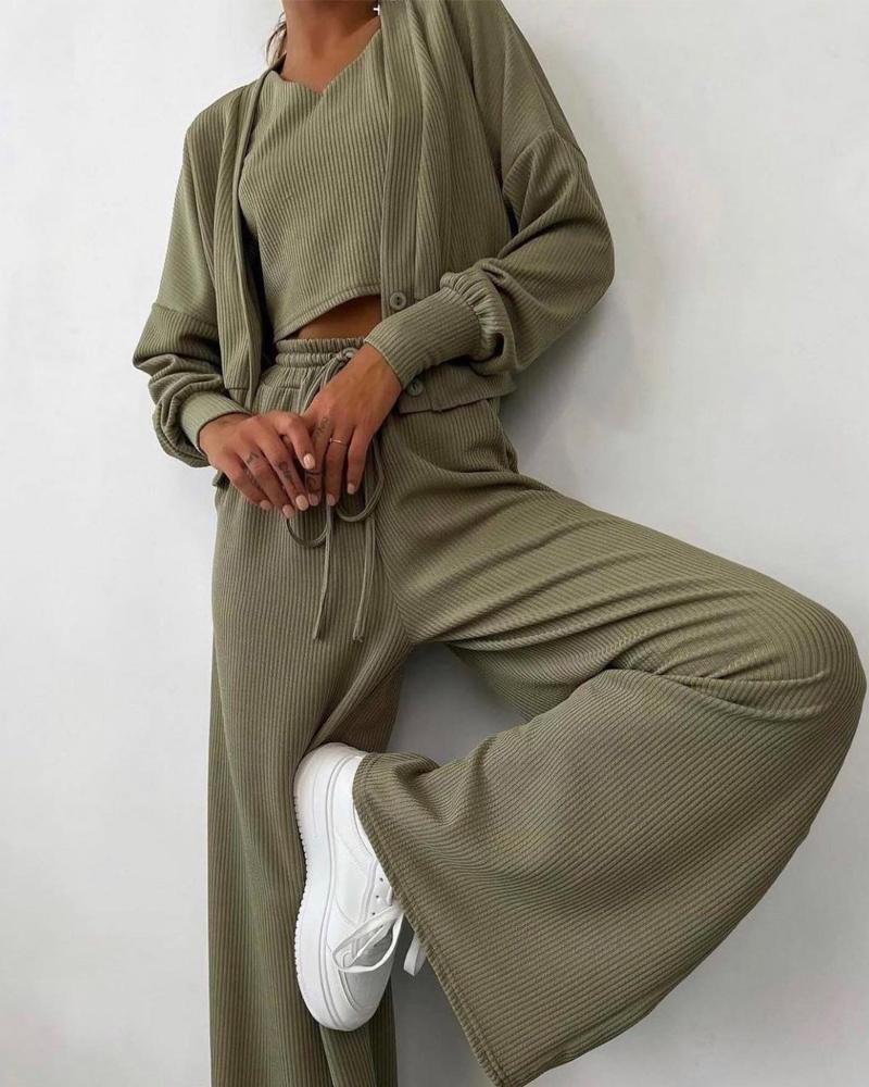 

Ribbed Crop Top & Drawstring Pants Set With Buttoned Coat, Army green