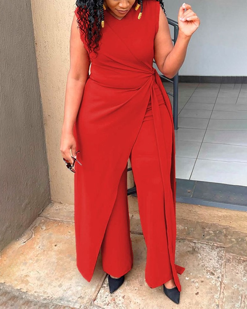 

Tied Detail Asymmetrical Work Jumpsuit, Red