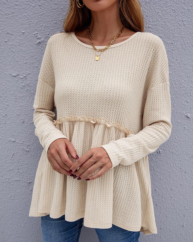 

Waffle Knit Frill Hem Long Sleeve Casual Top, Apricot