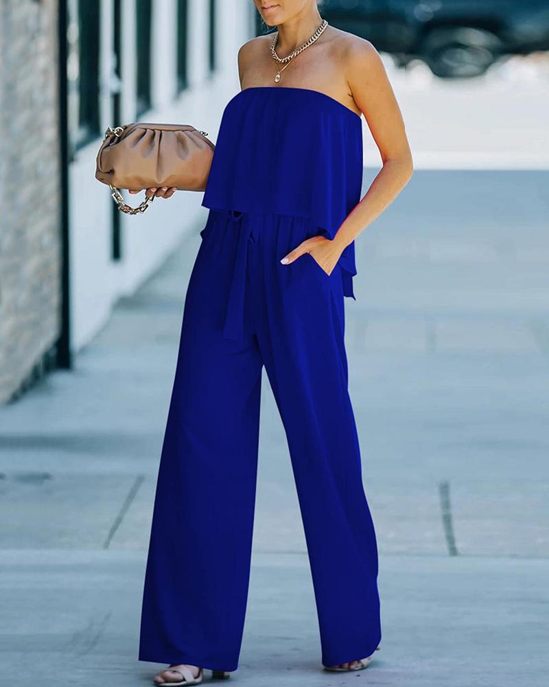 

Strapless Bandeau Pocket Design Ruffles Wide Leg Jumpsuit, Blue