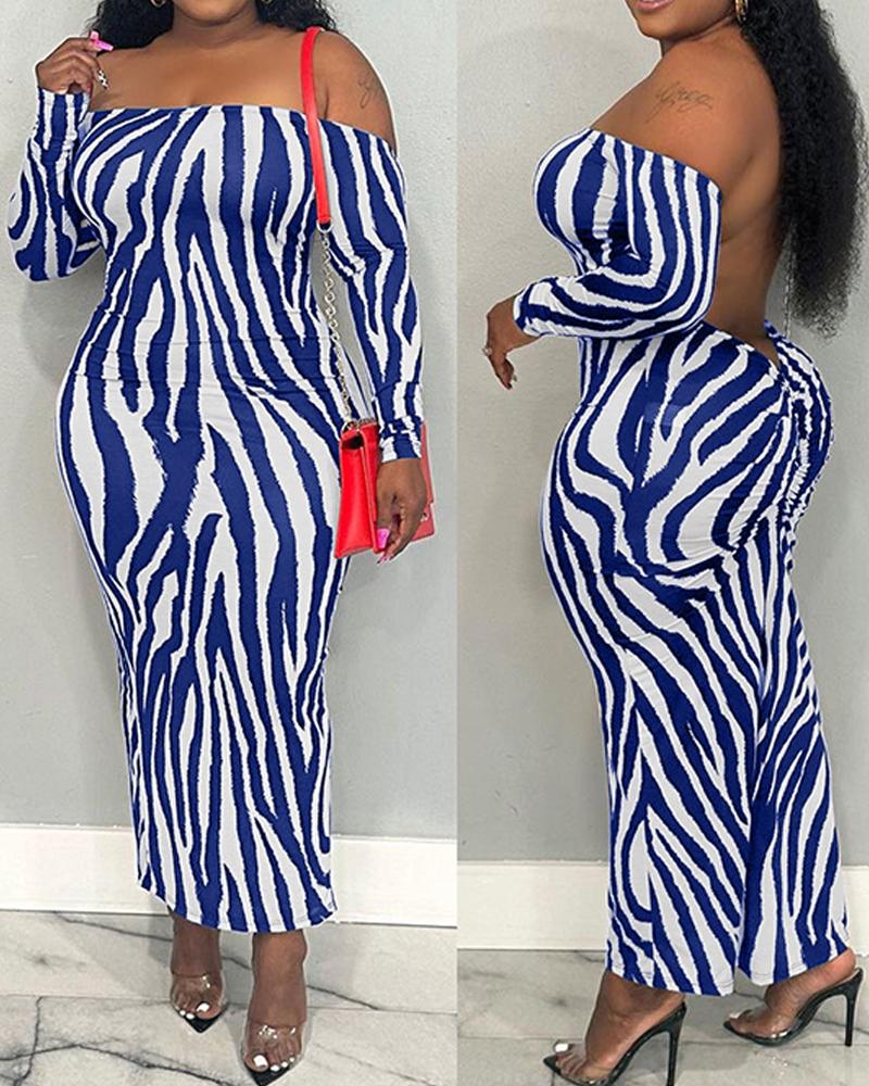 

Abstract Off Shoulder Backless Maxi Dress, Blue