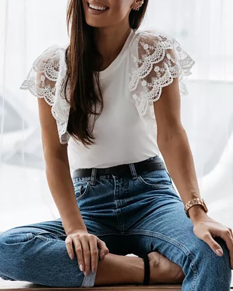 

Crochet Lace Layered Ruffles Sleeve Top, White