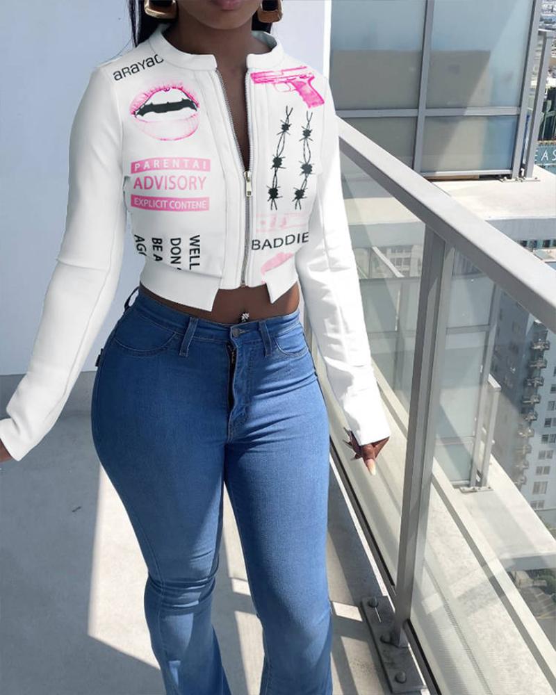 

Graphic Print Zip Front Long Sleeve Crop Coat, White