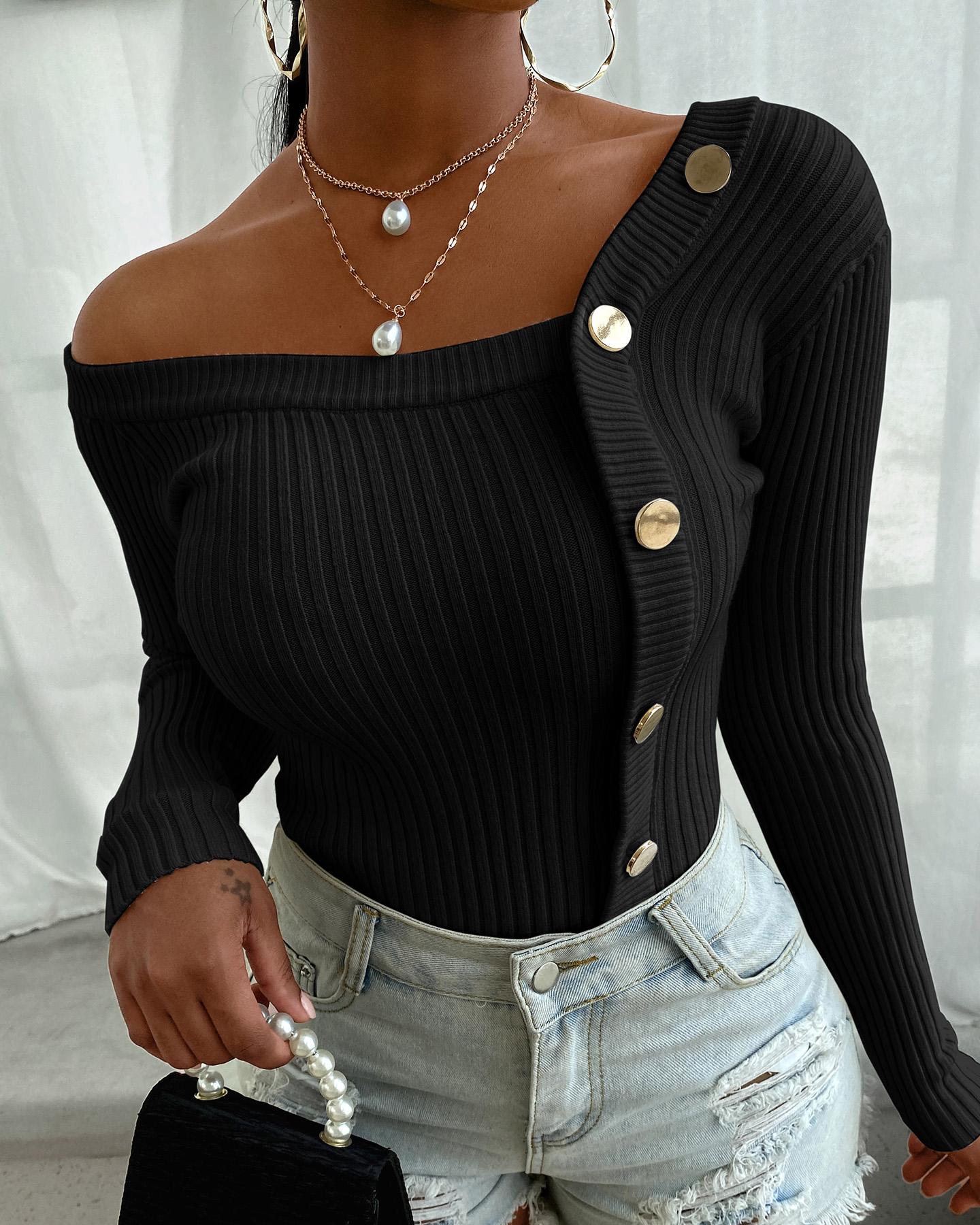 

Button Design Long Sleeve Knit Sweater, Black