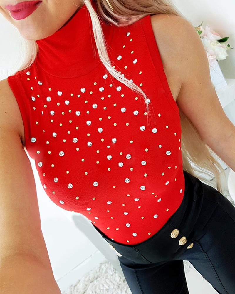 

Studded Sleeveless Mock Neck Top, Red