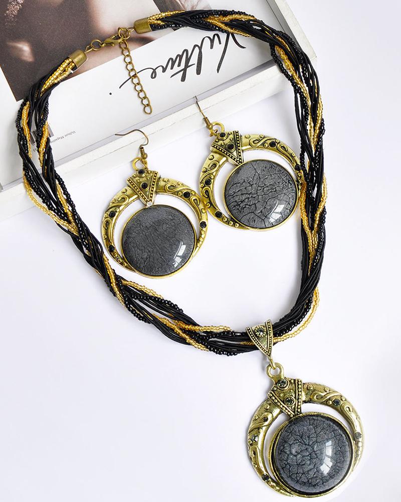 

2pcs Round Gem Stone Necklace & Drop Earrings Bohemian Jewelry Set, Black