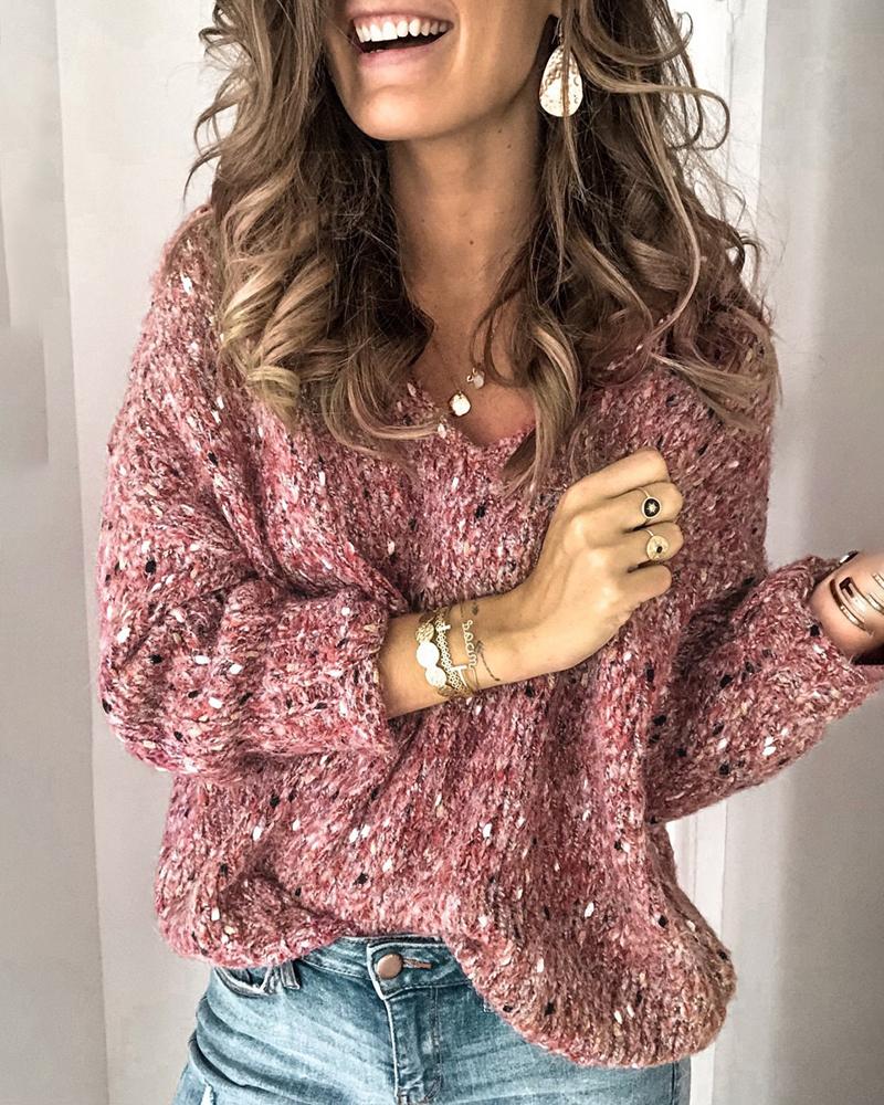 

Polkadot Pattern V-Neck Logn Sleeve Sweater, Pink