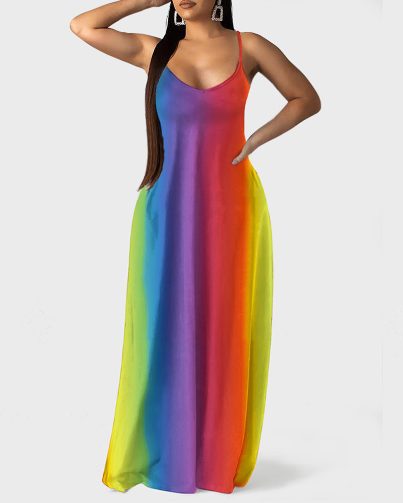 

Spaghetti Strap Rainbow Colorblock Maxi Dress, Purple