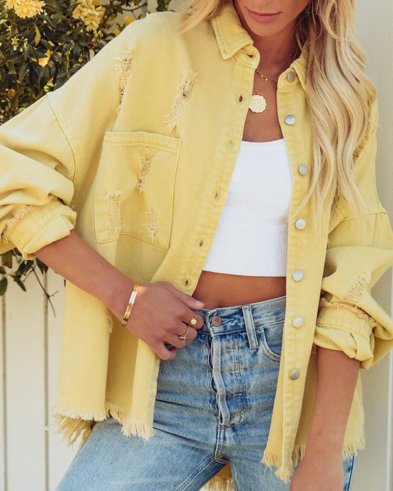 

Pocket Design Ripped Buttoned Denim Coat, Yellow